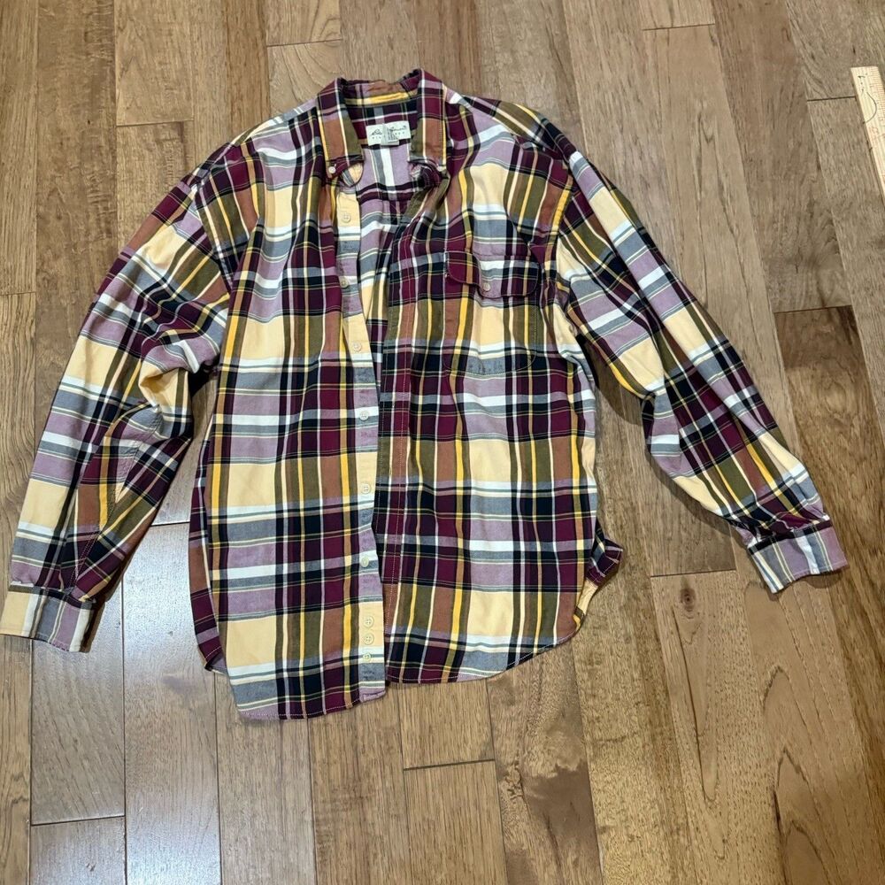 Eddie Bauer Cotton PLAID FLANNEL SHIRT Large Yellow Green Burgandy Plaid